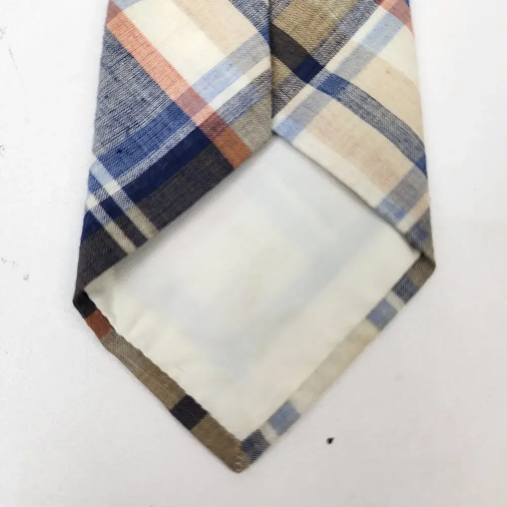 Lord & Taylor Casual Madras Tie Necktie Blue Orange Tan Plaid 100% Cotton 3